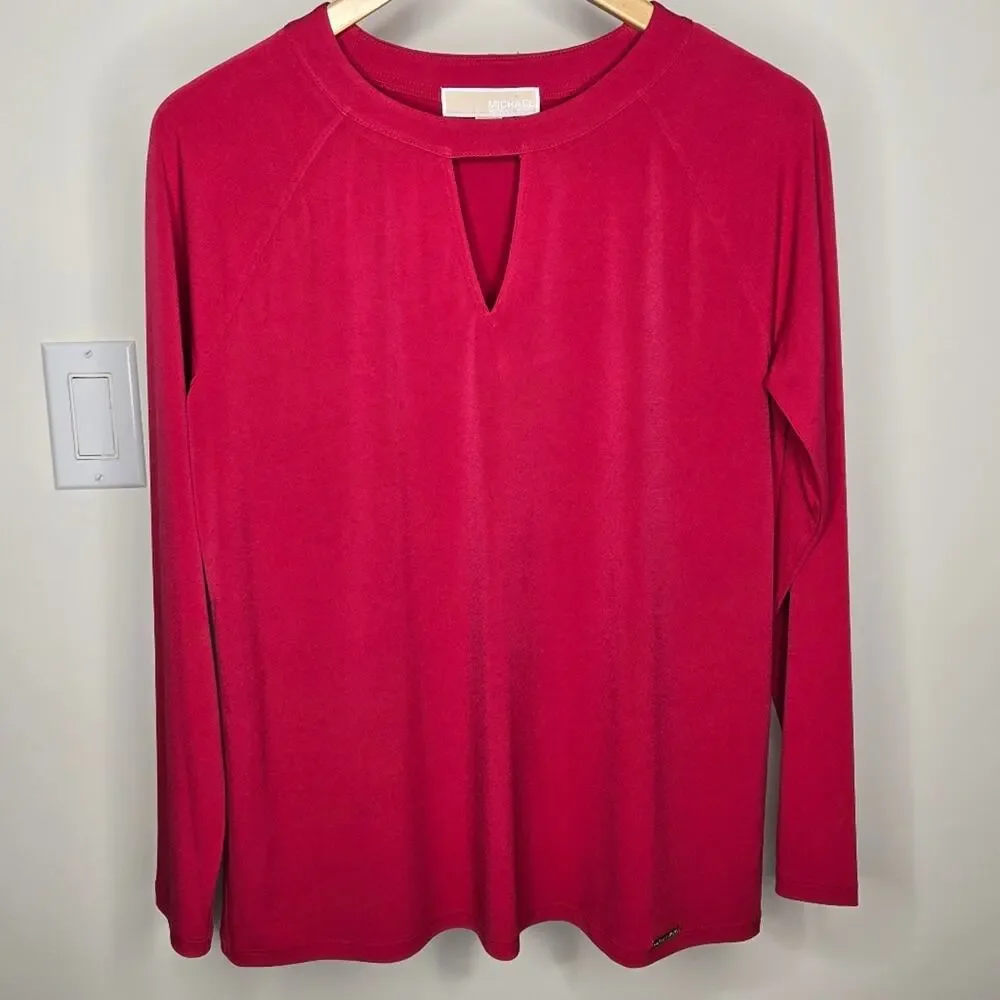 MICHAEL KORS Fusia Pink Long Sleeve Top Keyhole Neck Size M